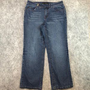 Venezia Jeans 14 Mid Rise Bootcut Dark Wash Distressed Stretch Womens Whiskered